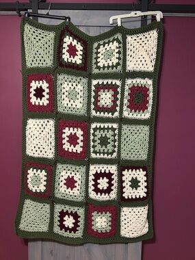 Handmade Crochet Granny Square Throw - Rich Greens, Cream & Burgundy 
26”Wx52”L